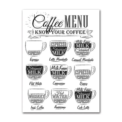Avelena | Kaffeekenner Wandkunst Feine Kunst Leinwanddrucke Schwarz Weiß Kaffee Menü Poster Bilder für Küche Esszimmer Café Kunst Dekor