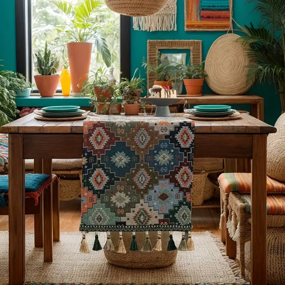 Avelena | Bunter Geometrischer Quasten Tischläufer Dekor