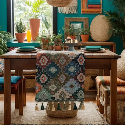 Avelena | Bunter Geometrischer Quasten Tischläufer Dekor