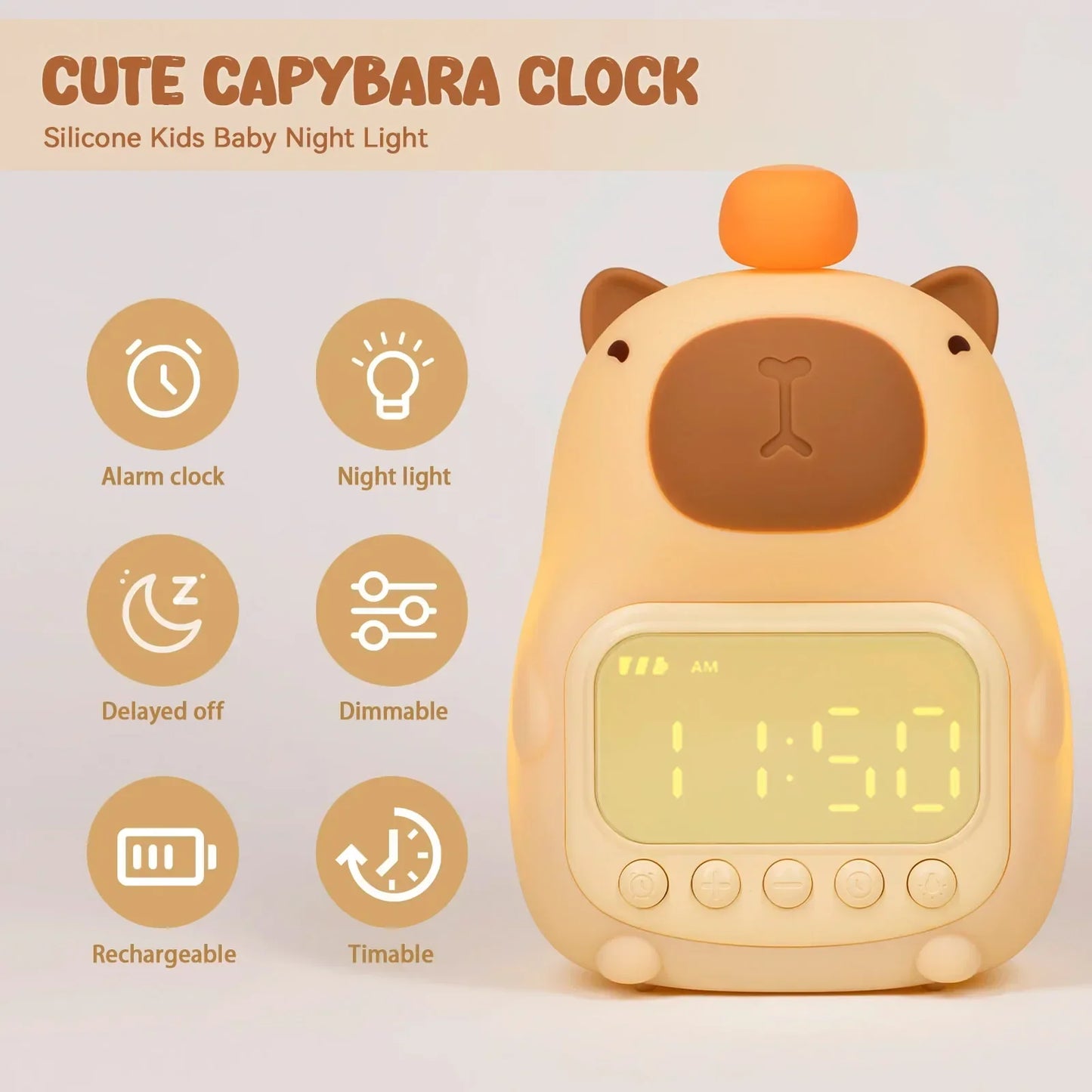 Avelena | Capybara Uhr Lampe - Wiederaufladbare Digitaler Wecker mit Nachtlicht & Touch Snooze