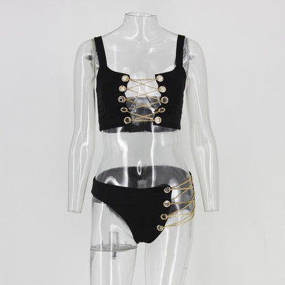 Avelena | Neues Goldene Kette Detail Schnürung 2-Teilig Bikini Badeanzug