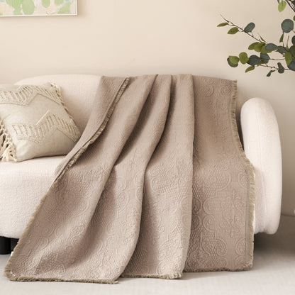 Avelena | Elegante Fransen Baumwolldecke Luxuriöses Solides Weiches Paisleymuster, Kuschelige Leichte Tagesdecke, Perfekt Für Sofa Oder Bett, Neutrales Sandiges Taupe Beige, 50X60 Zoll