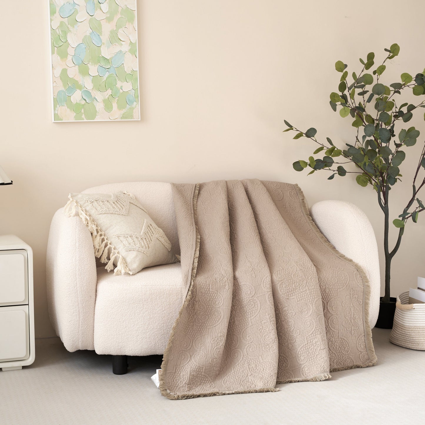 Avelena | Elegante Fransen Baumwolldecke Luxuriöses Solides Weiches Paisleymuster, Kuschelige Leichte Tagesdecke, Perfekt Für Sofa Oder Bett, Neutrales Sandiges Taupe Beige, 50X60 Zoll