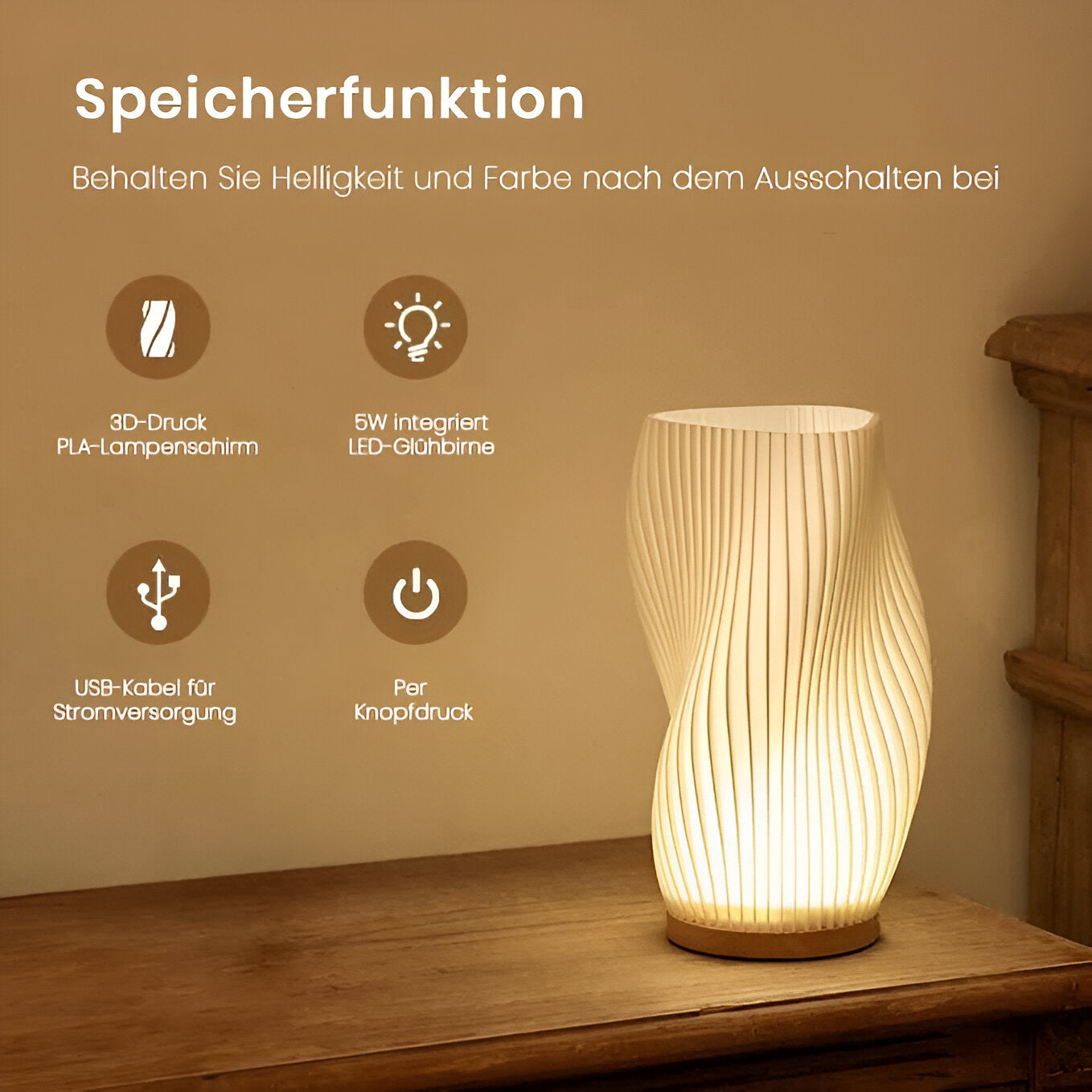 Avelena | DreamWave - Moderne cremefarbene 3D-Wellenlampe mit elegantem Metallsockel