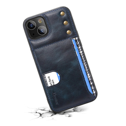 Avelena | Iphone 14 Denior Öl Wachs Rindsleder Kartensteckplatz Handyhülle - Blau