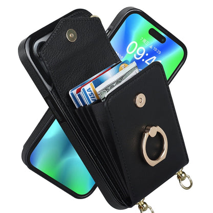 Avelena | iPhone 14 Ring Halter RFID Karten Slot Handyhülle mit langer Lanyard - Schwarz