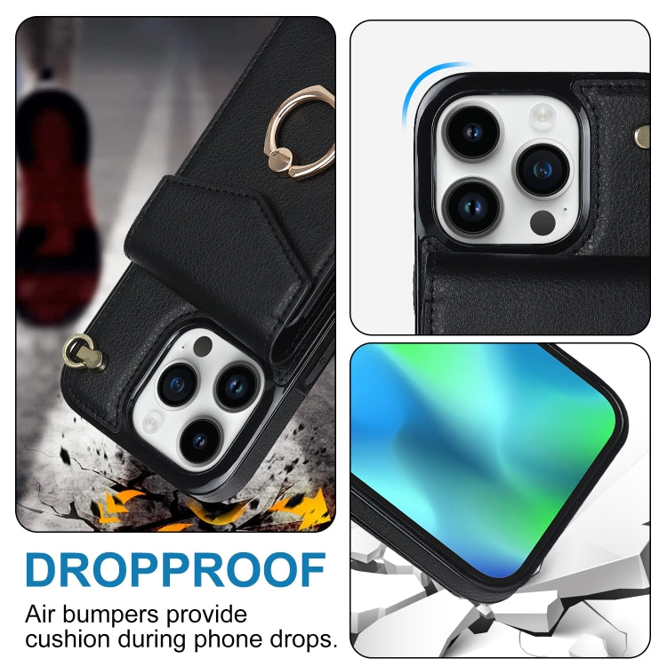 Avelena | iPhone 14 Ring Halter RFID Karten Slot Handyhülle mit langer Lanyard - Schwarz