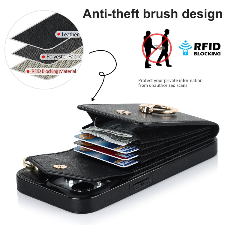 Avelena | iPhone 14 Ring Halter RFID Karten Slot Handyhülle mit langer Lanyard - Schwarz