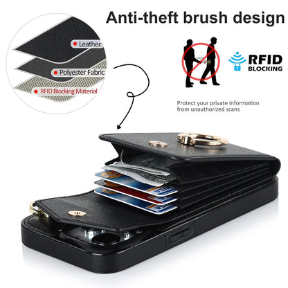 Avelena | iPhone 14 Ring Halter RFID Karten Slot Handyhülle mit langer Lanyard - Schwarz