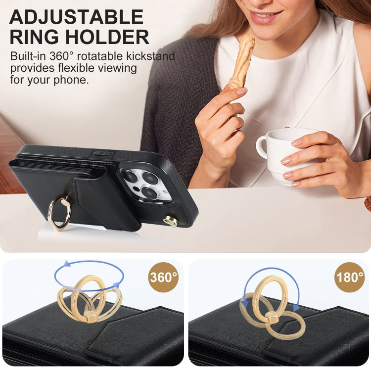 Avelena | iPhone 14 Ring Halter RFID Karten Slot Handyhülle mit langer Lanyard - Schwarz