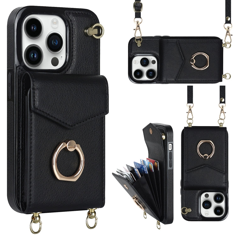Avelena | iPhone 14 Ring Halter RFID Karten Slot Handyhülle mit langer Lanyard - Schwarz