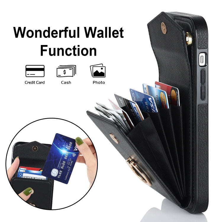 Avelena | iPhone 14 Ring Halter RFID Karten Slot Handyhülle mit langer Lanyard - Schwarz