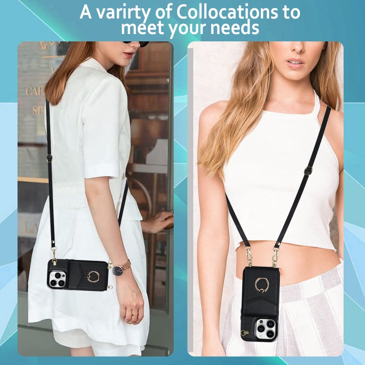 Avelena | iPhone 14 Ring Halter RFID Karten Slot Handyhülle mit langer Lanyard - Schwarz