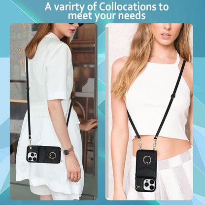 Avelena | iPhone 14 Ring Halter RFID Karten Slot Handyhülle mit langer Lanyard - Schwarz