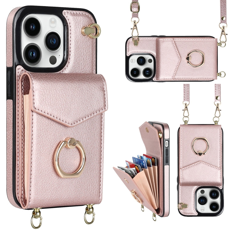 Avelena | iPhone 14 Ring Halter RFID Kartensteckplatz Handyhülle mit langem Lanyard - Rose Gold