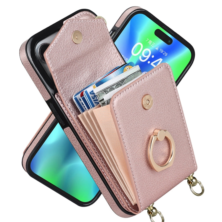 Avelena | iPhone 14 Ring Halter RFID Kartensteckplatz Handyhülle mit langem Lanyard - Rose Gold