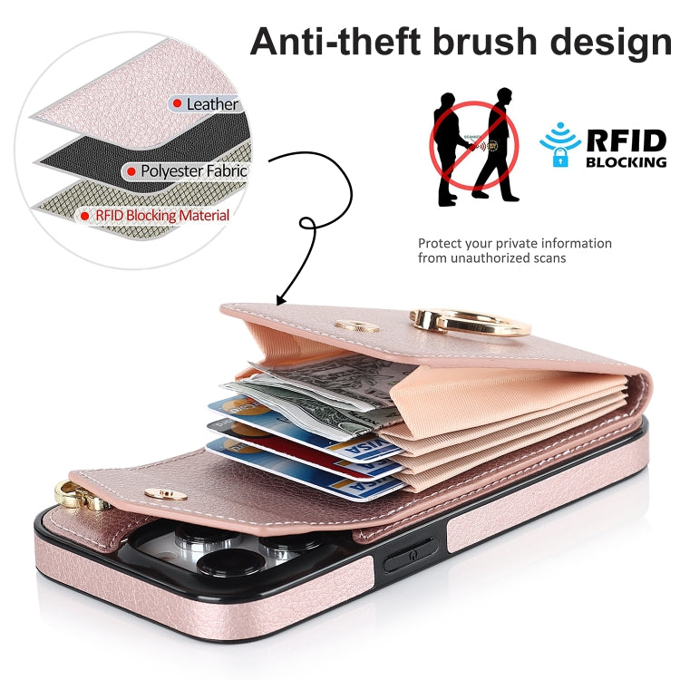 Avelena | iPhone 14 Ring Halter RFID Kartensteckplatz Handyhülle mit langem Lanyard - Rose Gold