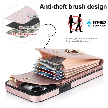 Avelena | iPhone 14 Ring Halter RFID Kartensteckplatz Handyhülle mit langem Lanyard - Rose Gold