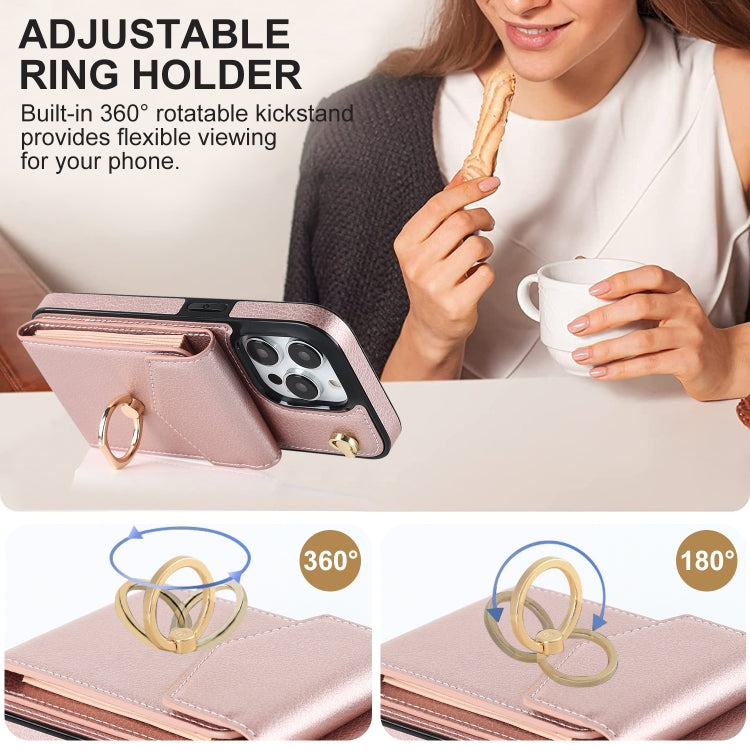 Avelena | iPhone 14 Ring Halter RFID Kartensteckplatz Handyhülle mit langem Lanyard - Rose Gold