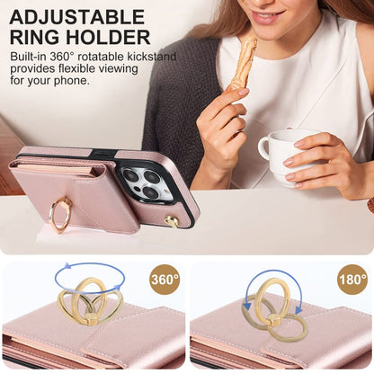 Avelena | iPhone 14 Ring Halter RFID Kartensteckplatz Handyhülle mit langem Lanyard - Rose Gold