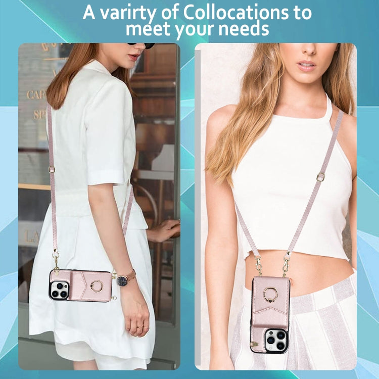 Avelena | iPhone 14 Ring Halter RFID Kartensteckplatz Handyhülle mit langem Lanyard - Rose Gold