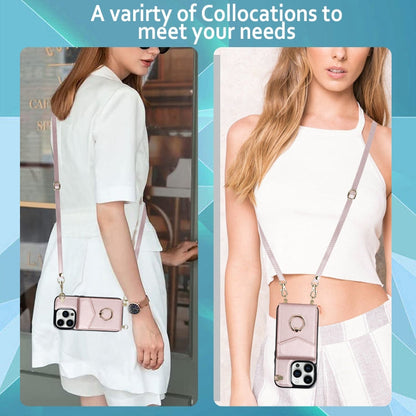 Avelena | iPhone 14 Ring Halter RFID Kartensteckplatz Handyhülle mit langem Lanyard - Rose Gold