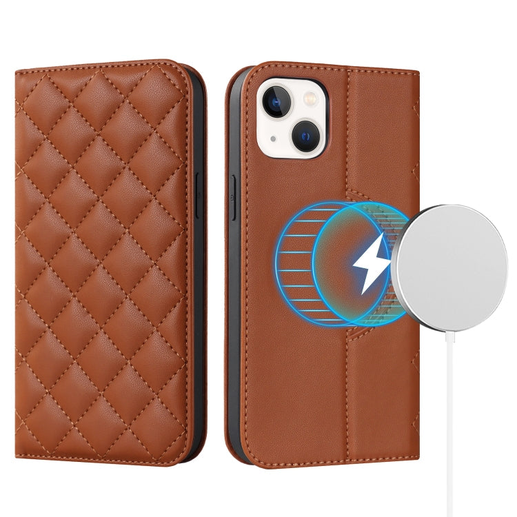 Avelena | iPhone 14 Plus Rhombic MagSafe RFID Diebstahlschutz Geldbörse Leder Handytasche - Braun