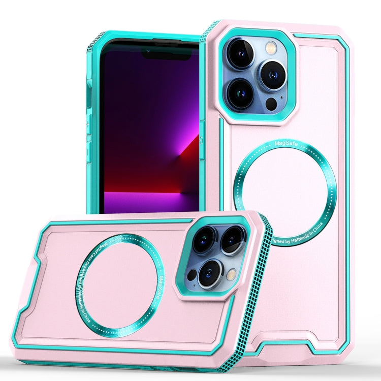 Avelena | iPhone 14 / 13 Armour Zwei-Farben MagSafe Magnetische TPU + PC Handyhülle - Blau + Pink