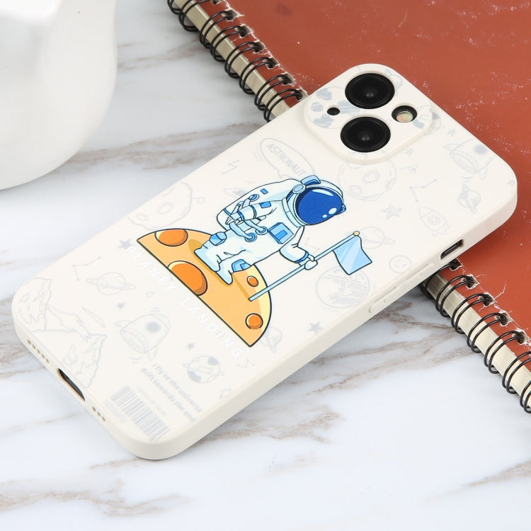 Avelena | iPhone 14 Plus Astronautenmuster Silikon Gerade Kante Handyhülle - Planet Landung-Weiβ