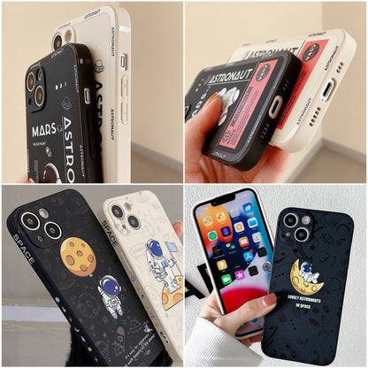 Avelena | iPhone 14 Plus Astronautenmuster Silikon Gerade Kante Handyhülle - Planet Landung-Weiβ