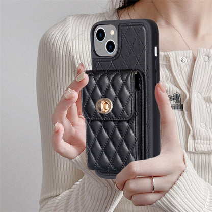 Avelena | iPhone 14 Plus Vertikale Metall-Schnallen-Geldbörse Rhombisches Leder Handytasche - Schwarz