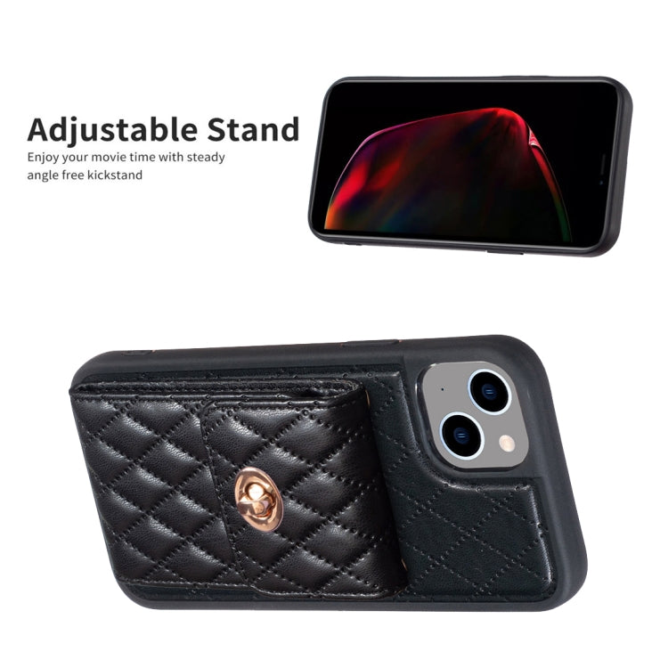 Avelena | iPhone 14 Plus Vertikale Metall-Schnallen-Geldbörse Rhombisches Leder Handytasche - Schwarz