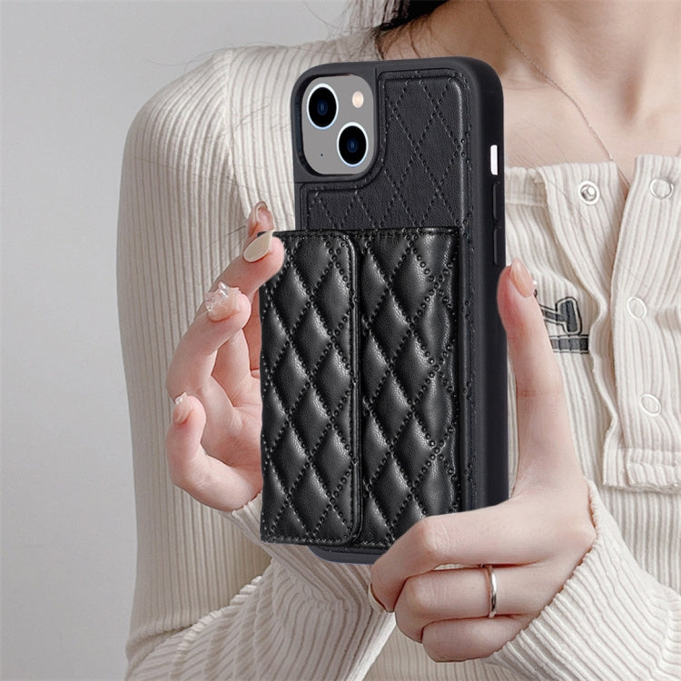 Avelena | iPhone 14 Horizontale Brieftasche Rhombisches Leder Handyhülle - Schwarz
