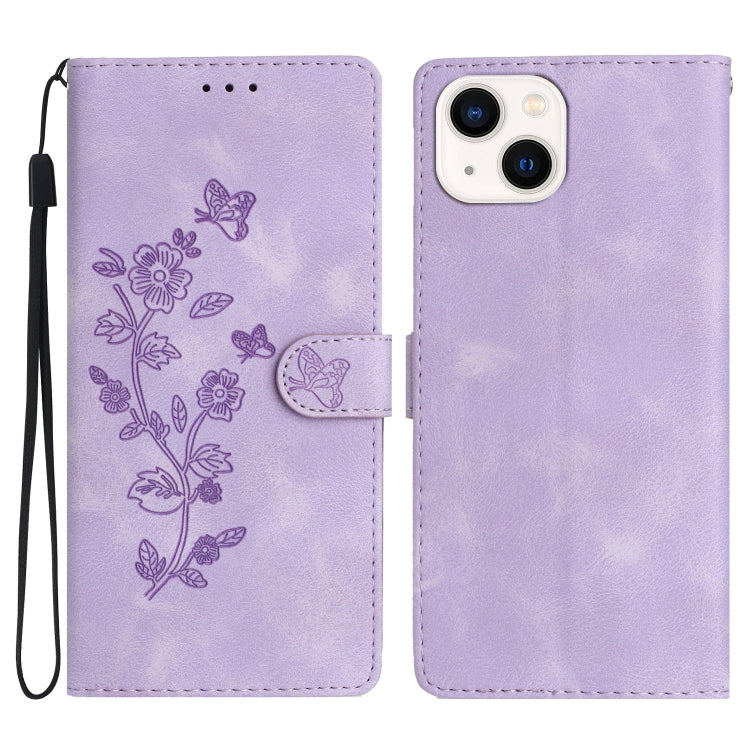 Avelena | Iphone 14 Plus Blumen Schmetterlings Prägungsmuster Leder Telefonhülle - Lila