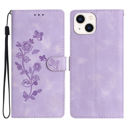 Avelena | Iphone 14 Plus Blumen Schmetterlings Prägungsmuster Leder Telefonhülle - Lila