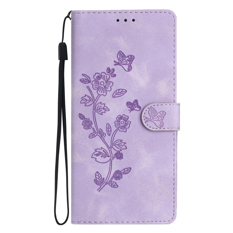 Avelena | Iphone 14 Plus Blumen Schmetterlings Prägungsmuster Leder Telefonhülle - Lila