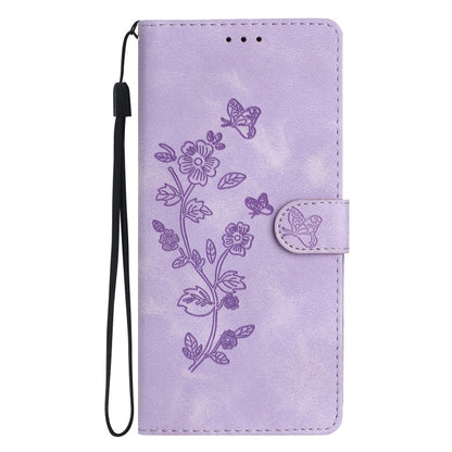 Avelena | Iphone 14 Plus Blumen Schmetterlings Prägungsmuster Leder Telefonhülle - Lila