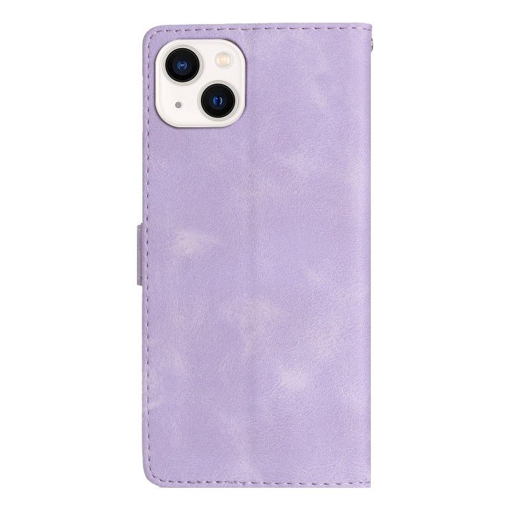 Avelena | Iphone 14 Plus Blumen Schmetterlings Prägungsmuster Leder Telefonhülle - Lila
