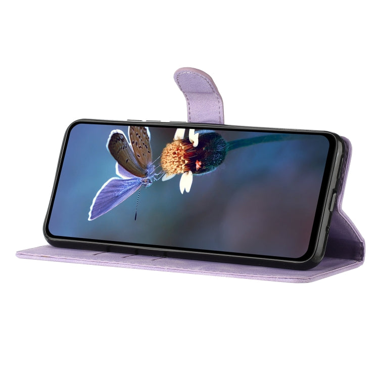 Avelena | Iphone 14 Plus Blumen Schmetterlings Prägungsmuster Leder Telefonhülle - Lila