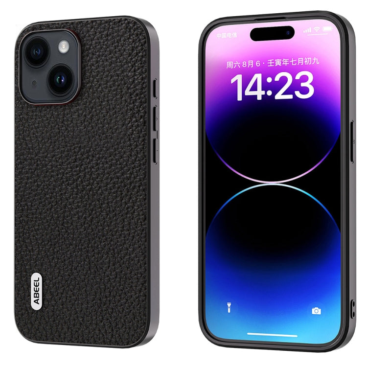 Avelena | iPhone 14 ABEEL Echtes Leder Litchi Textur Handyhülle - Schwarz