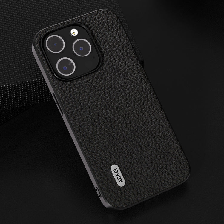 Avelena | iPhone 14 ABEEL Echtes Leder Litchi Textur Handyhülle - Schwarz