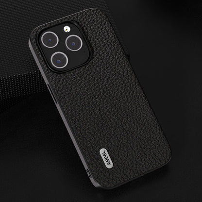 Avelena | iPhone 14 ABEEL Echtes Leder Litchi Textur Handyhülle - Schwarz