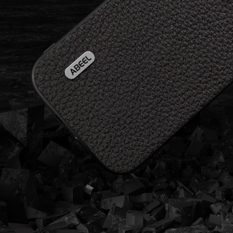 Avelena | iPhone 14 ABEEL Echtes Leder Litchi Textur Handyhülle - Schwarz
