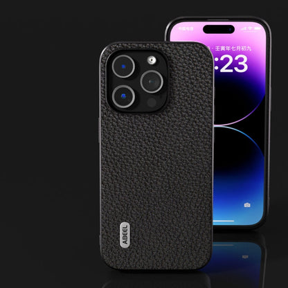 Avelena | iPhone 14 ABEEL Echtes Leder Litchi Textur Handyhülle - Schwarz