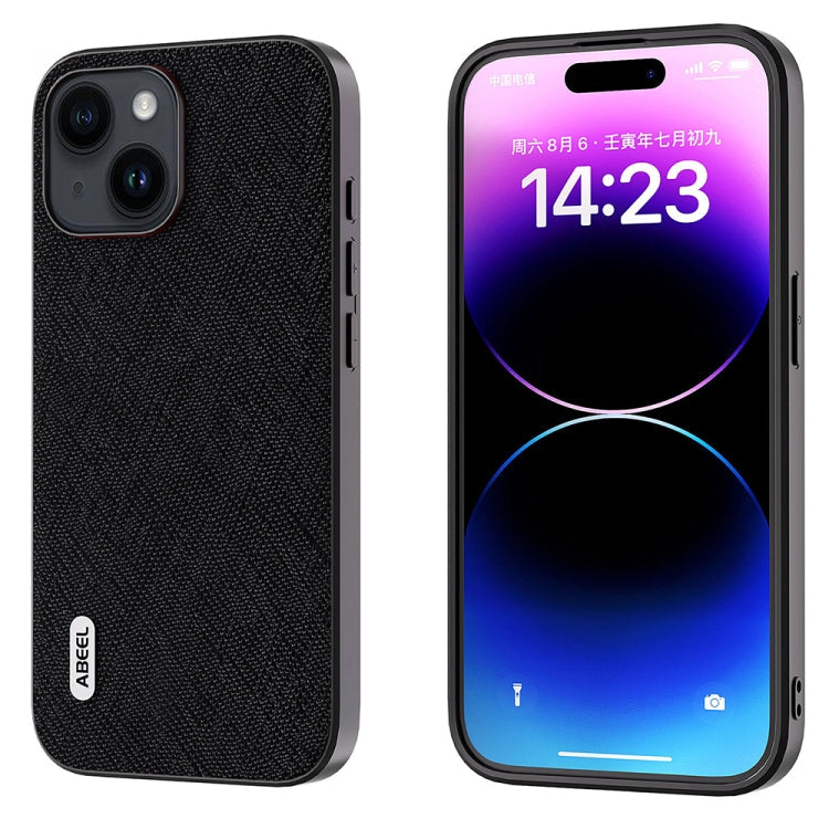 Avelena | Iphone 14 Plus Abeel Kreuzstruktur Echtes Leder Handytasche - Schwarz
