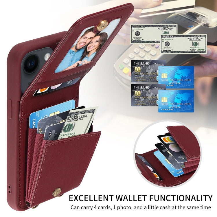 Avelena | iPhone 14 Crossbody Lanyard Reißverschluss Geldbörse Leder Handyhülle - Weinrot
