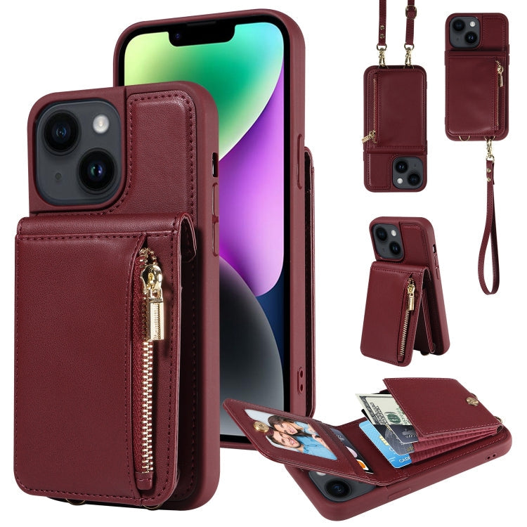Avelena | iPhone 14 Crossbody Lanyard Reißverschluss Geldbörse Leder Handyhülle - Weinrot