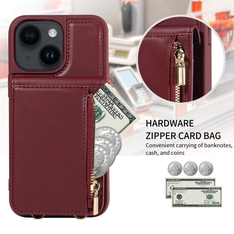 Avelena | iPhone 14 Crossbody Lanyard Reißverschluss Geldbörse Leder Handyhülle - Weinrot