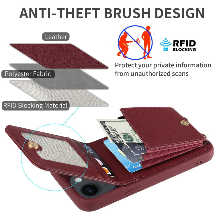 Avelena | iPhone 14 Crossbody Lanyard Reißverschluss Geldbörse Leder Handyhülle - Weinrot