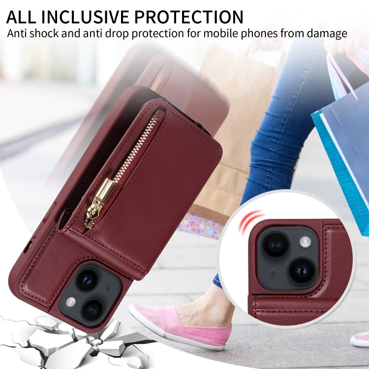 Avelena | iPhone 14 Crossbody Lanyard Reißverschluss Geldbörse Leder Handyhülle - Weinrot